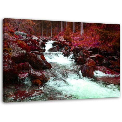 Quadro su tela, Torrente di montagna foresta rosso - 120x80