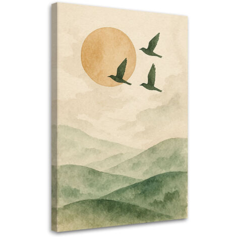 Quadro su tela, Uccelli Montagne Acquerello Verde Beige - 40x60