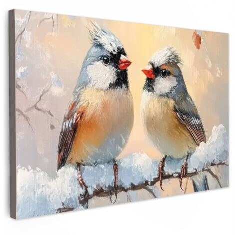 QUADRO SU TELA Uccelli - Ramo - Inverno - Neve 30x20 cm