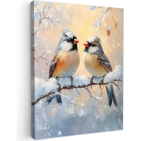 QUADRO SU TELA Uccelli - Ramo - Inverno - Neve 60x80 cm