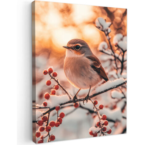 QUADRO SU TELA Uccello - Ramo - Inverno - Animali - Neve 60x80 cm