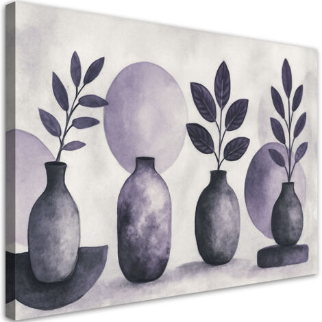 Quadro su tela, Vasi Foglie Acquerello Viola - 120x80