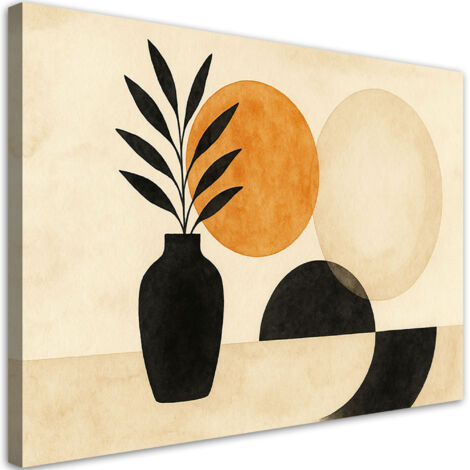 Quadro su tela, Vaso Foglie Geometrico Minimalismo Beige - 60x40