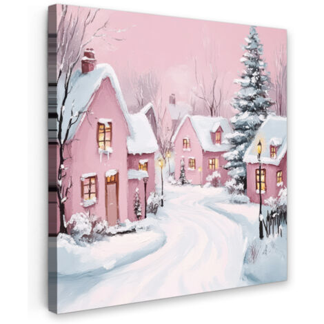 QUADRO SU TELA Villaggio di Natale - Rosa - Inverno - Neve - Case 20x20 cm