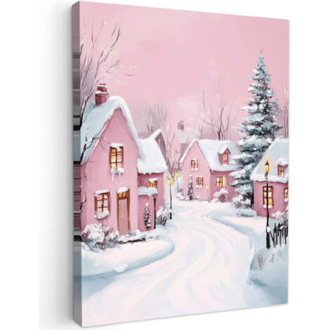 QUADRO SU TELA Villaggio di Natale - Rosa - Inverno - Neve - Case 60x80 cm