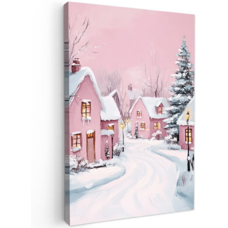 QUADRO SU TELA Villaggio di Natale - Rosa - Inverno - Neve - Case 90x140 cm