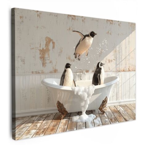 QUADRO SU TELA Vintage - Pinguino - Vasca da bagno - Schiuma 70x50 cm
