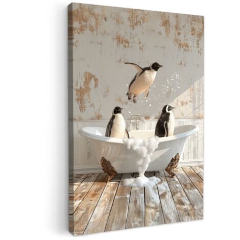 QUADRO SU TELA Vintage - Pinguino - Vasca da bagno - Schiuma 80x120 cm