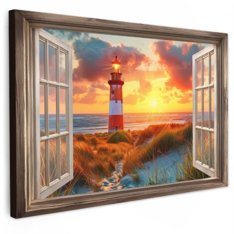 QUADRO SU TELA Vista - Finestra - Faro - Tramonto - Spiaggia 150x100 cm
