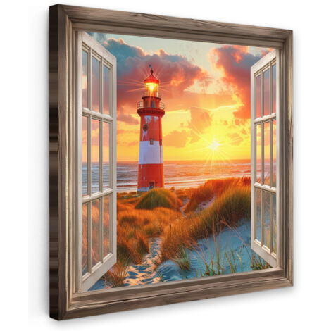 QUADRO SU TELA Vista - Finestra - Faro - Tramonto - Spiaggia 20x20 cm