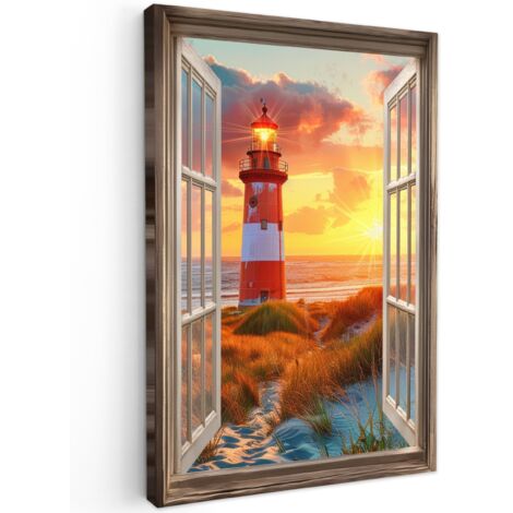 QUADRO SU TELA Vista - Finestra - Faro - Tramonto - Spiaggia 80x120 cm