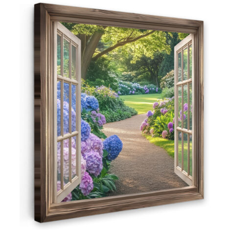 QUADRO SU TELA Vista - Giardino - Finestra - Ortensia - Fiori 20x20 cm