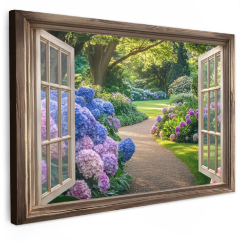 QUADRO SU TELA Vista - Giardino - Finestra - Ortensia - Fiori 30x20 cm
