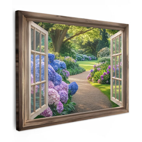 QUADRO SU TELA Vista - Giardino - Finestra - Ortensia - Fiori 40x30 cm