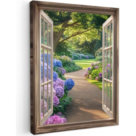 QUADRO SU TELA Vista - Giardino - Finestra - Ortensia - Fiori 60x80 cm