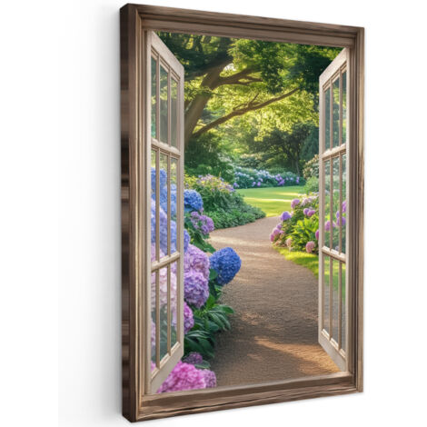 QUADRO SU TELA Vista - Giardino - Finestra - Ortensia - Fiori 80x120 cm