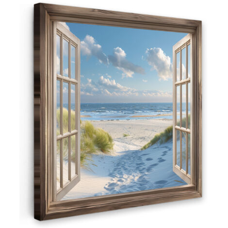 QUADRO SU TELA Vista - Spiaggia - Finestra - Dune - Mare 90x90 cm