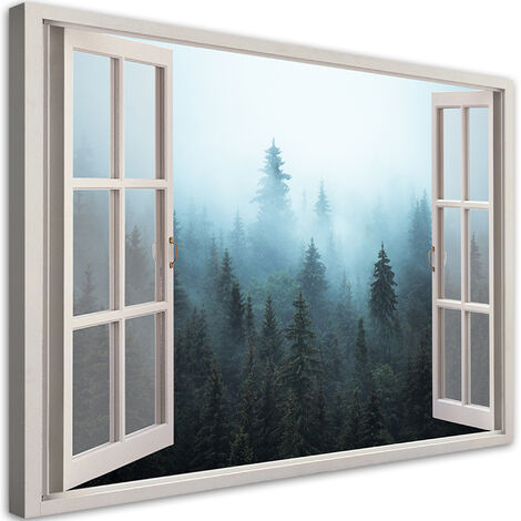 Quadro su tela, Visualizza finestra Foresta nella natura nebbia - 100x70