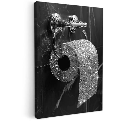 QUADRO SU TELA WC - Carta igienica - Bianco e nero - Brillantini 40x60 cm