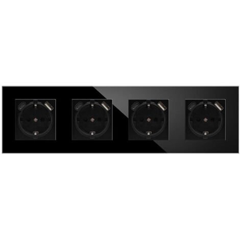 Quadruple Prise Murale avec 4 Ports USB,16A Prise de Courant Alternatif avec Panneau en Verre,Multiprise Murale Max 2.1A,Convient au Smartphone, à la Tablette (4 Prise avec 1 Ports USB,Noir)