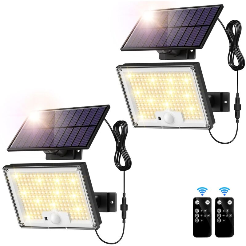 2 luci con sensore di movimento solare per esterni, applique da parete solare a 172 LED, luce solare per garage, luce calda
