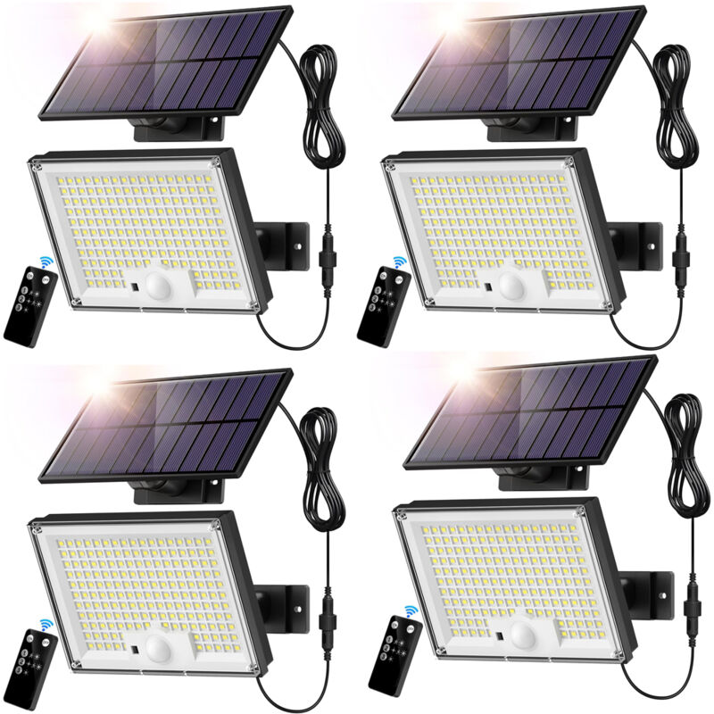 Luci esterne con sensore di movimento solare 4 pezzi, faretto 172LED a 3 modalità, lampada da parete solare per garage, luce calda