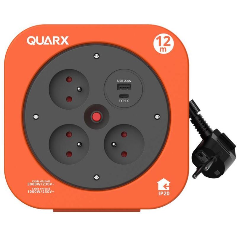 Enrouleur ménager S-box 12 m, 3 prises 16A + usb a et usb c - Quarx