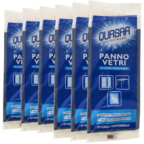 Quasar - Panno Vetri in Super Microfibra - Lucida Vetri e Cristalli e Senza Aloni e Pelucchi - Confezione da 6 Panni