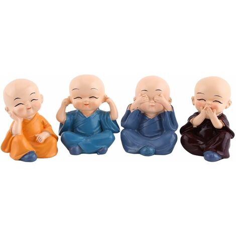 Quatre Adorables Décorations Adorables - 4 Ornements Artisanaux En Résine, Quatre Petites Statues De Moine Bouddha Home Decor