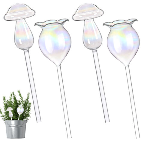 Quatre boules d'arrosage pour plantes, un revêtement de pot d'arrosage auto-absorbant en verre aux couleurs de l'arc-en-ciel et un dispositif d'arrosage transparent en forme de champignon aux dégradés