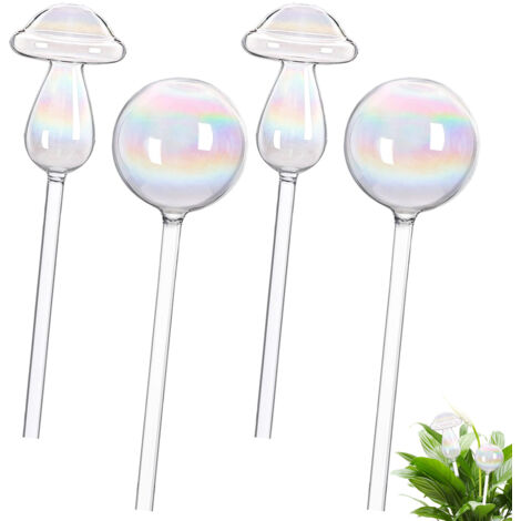 Quatre boules d'arrosage pour plantes, un revêtement de pot d'arrosage auto-absorbant en verre aux couleurs de l'arc-en-ciel et un dispositif d'arrosage transparent en forme de champignon aux dégradés