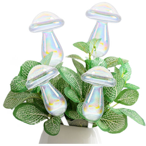 Quatre boules d'arrosage pour plantes, un revêtement de pot d'arrosage auto-absorbant en verre aux couleurs de l'arc-en-ciel et un dispositif d'arrosage transparent en forme de champignon aux dégradés