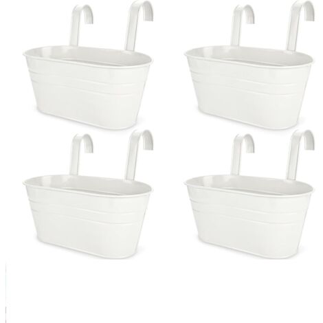 Quatre pots de fleurs suspendus en métal avec trous de drainage et crochets amovibles.