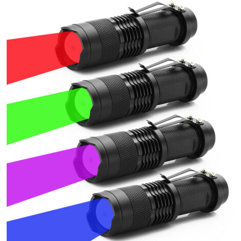 Quattro mini torce a LED, con messa a fuoco regolabile e impermeabili, con clip, luce verde/rossa/viola/blu, adatte per campeggio, pesca notturna, escursionismo, visione notturna, osservazione astrono