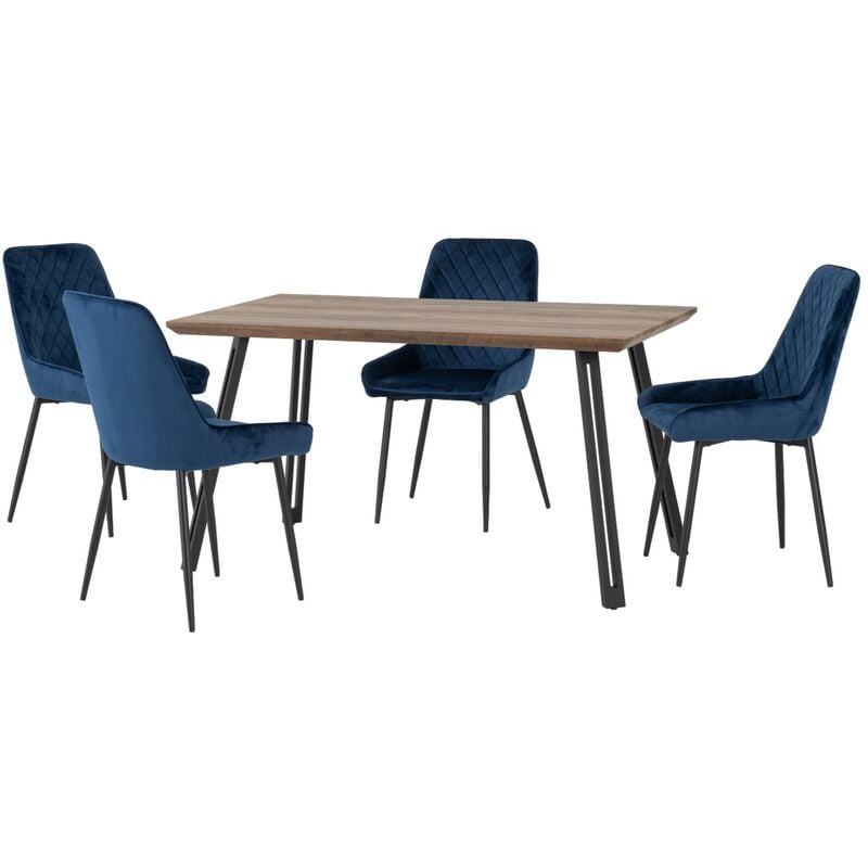 Quebec Straight Edge Dining Set Medium Oak Effect with Blue Velvet Chairs