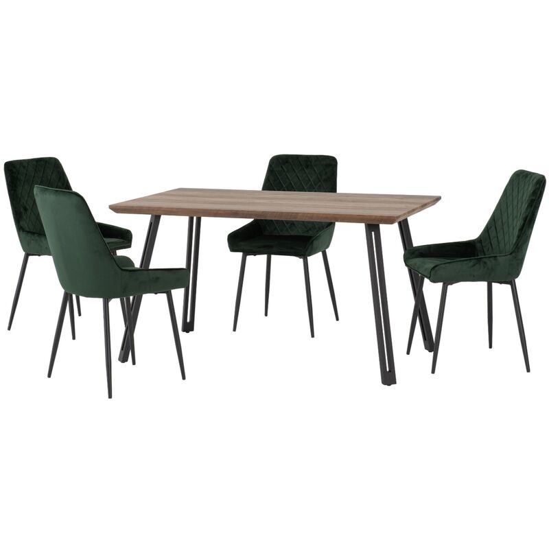 Quebec Straight Edge Dining Set Medium Oak Effect with Green Velvet Chairs