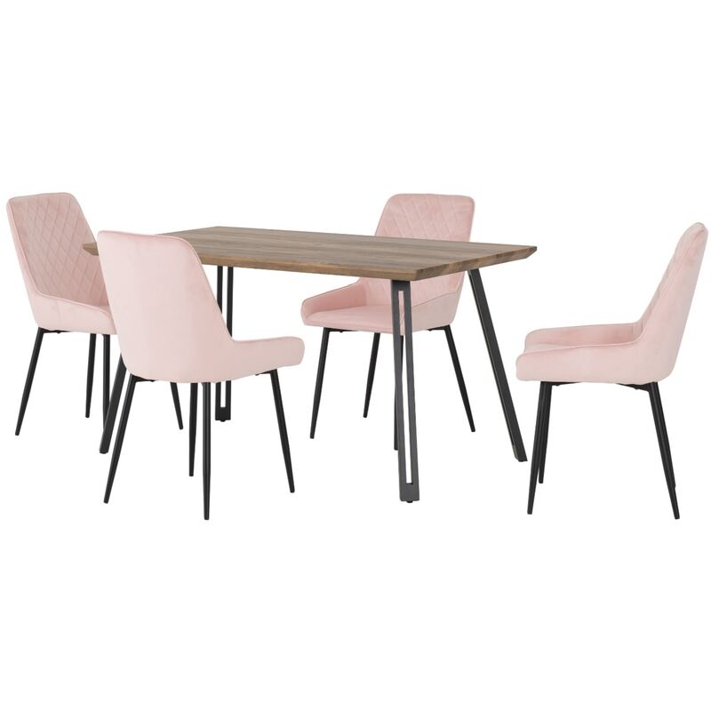 Quebec Straight Edge Dining Set Medium Oak Effect with Pink Velvet Chairs