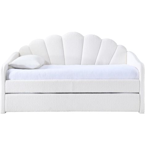 MOBILIER DECO QUEEN - Lit gigogne en tissu bouclette blanc écru 90x190 cm