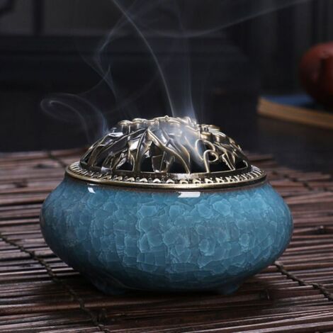 Quemador de incienso de cerámica con tapa, aromaterapia para varillas o conos de incienso, cenicero en espiral, decoración del hogar, regalo original (azul cielo)