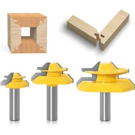 Questo set comprende frese per smussatura a 45 gradi, frese per scanalature da 1/2 pollice e frese per tenoni, adatte a utensili per la lavorazione del legno come macchine per incisione e macchine per