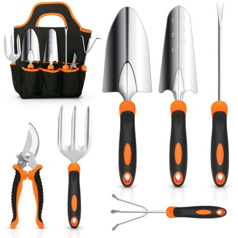 Questo set di attrezzi da giardinaggio da 7 pezzi è realizzato in robusto acciaio inossidabile e comprende cesoie da potatura, tagliaerba, un coltivatore, una forca, una pala per il terreno e una pala