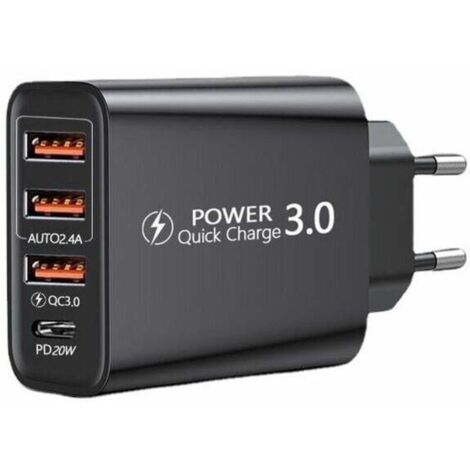 Quick Charge 3.0 Chargeur Secteur USB et Câble USB C,QC 3.0 30W/6A 4 Ports Chargeur Mural Rapide Adaptateur Secteur USB Multiple Universel pour Samsung Galaxy S10/S9/S8 Plus/Note 8,Huawei