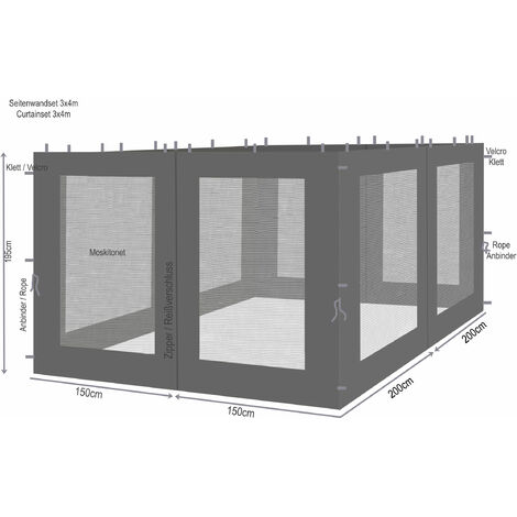 Quick-Star – Set de 4 panneaux latéraux avec moustiquaire pour pavillon 3x4m – Protection contre les insectes – Dimensions 350x195 cm – Couleur anthracite RAL 7012
