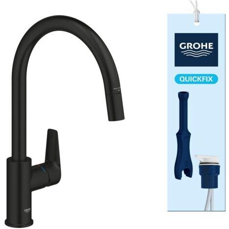 QuickFix Start Edge - Robinet de Cuisine monocommande pour évier, avec douchette extractible – Pivotant à 360°, Noir Mat, 305502430