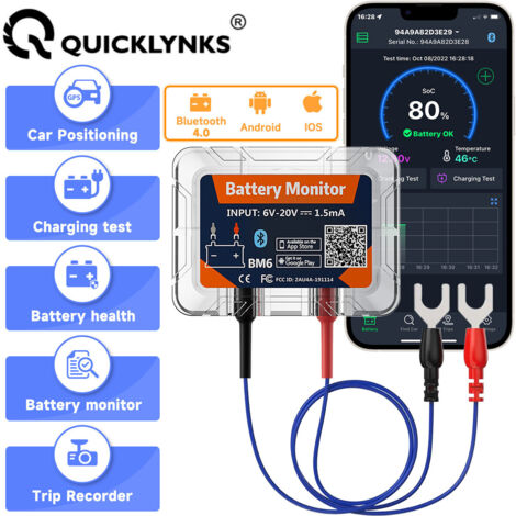 QUICKLYNKS BM6 Testeur de Batterie Bluetooth 12V - Analyseur de Batterie et Système de Charge avec GPS Intégré pour Voitures et Motos - Surveillance via Application Mobile iOS/Android-Alovez