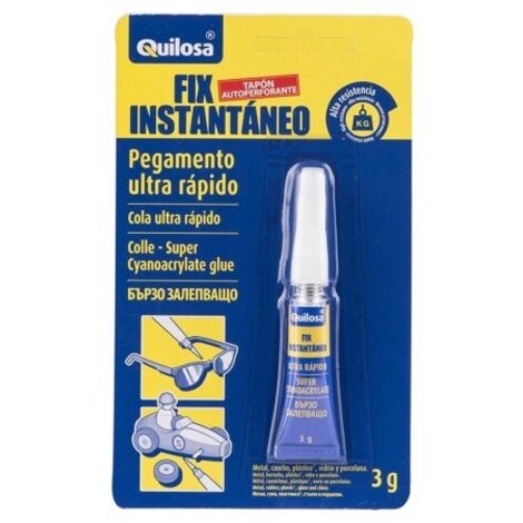 QUILOSA pegamento fix-instant 3gr. , Adhesivo de cianocrilato Fix Instantáneo.
- Tubo de 3 gramos.
- Para todo tipo de materiales.
- Pegado instantáneo de alta resistencia.