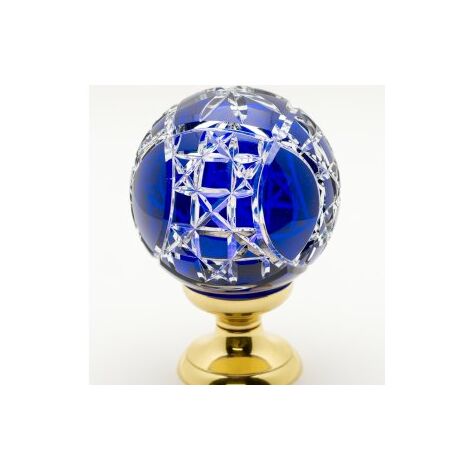 Quincadeco – Boule de rampe cristal bleu Mousson – Cristal véritable ciselé – Pied en laiton massif poli – Hauteur 140 mm, diamètre 100 mm