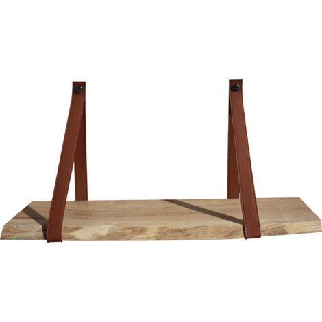 Quincadeco – Étagère murale chêne authentique 60 x 19 cm – Supports cuir caramel – Charge maximale 15 kg – Fabrication artisanale française
