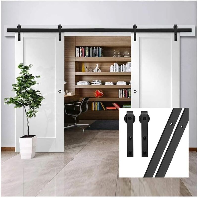 Quincaillerie Kit de Rail pour Porte Coulissante Système de Quincaillerie double Porte avec Guide de Plancher de Porte de Grange Forme de j - 244CM