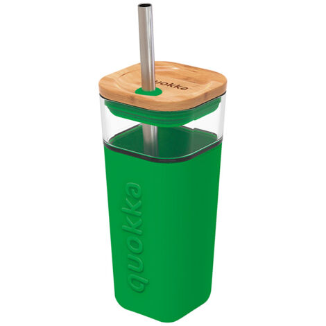 Quokka Liquid Cube – 540 ml Glasbecher mit Edelstahl-Strohhalm (grün)